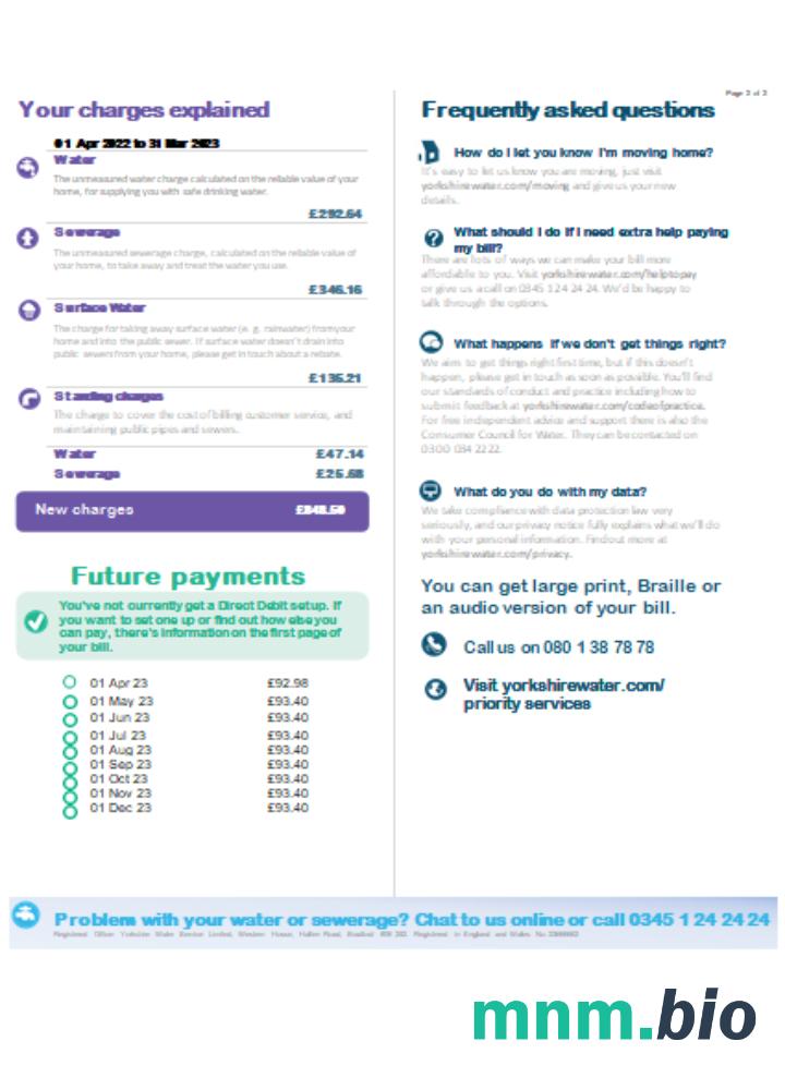 Yorkshire water rachunek za usługi komunalne, page 2